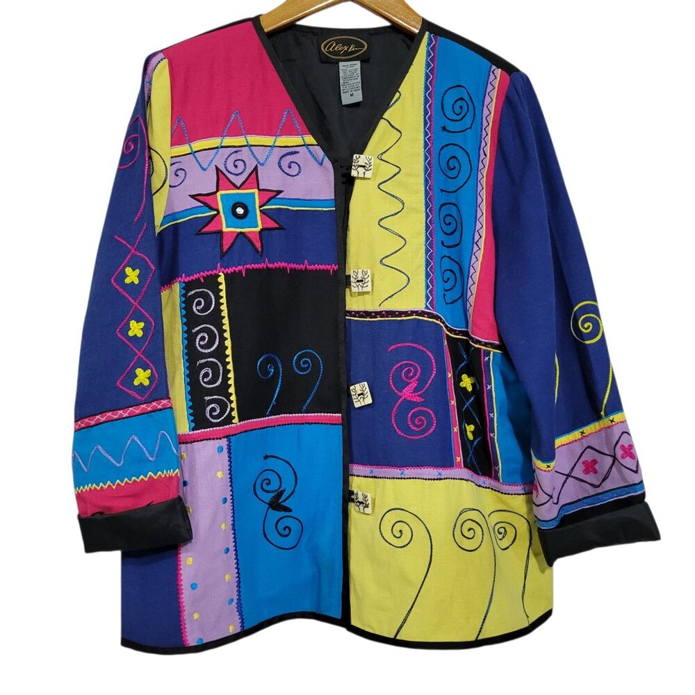 Alex Kim Art to Wear Blazer Womens Medium Black Bold Vintage Oversized Embroider